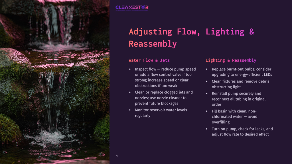 Close-Up Of A Decorative Water Feature With Pink-Tinted Water Flowing Over Mossy Rocks And Greenery. Text Overlay: &Quot;Cleanestor&Quot;, &Quot;Adjusting Flow, Lighting &Amp; Reassembly&Quot;.