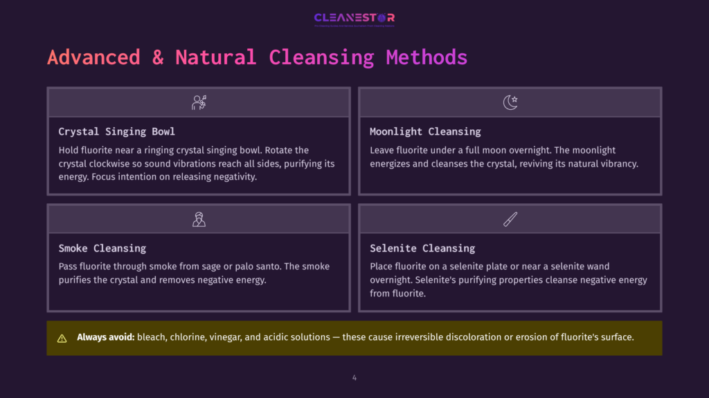 4 Advanced And Natural Cleansing Methods Cleanestor Logo Above A Dark Purple Background With Four Sections Detailing Advanced And Natural Cleansing Methods For Crystals: Crystal Singing Bowl, Moonlight Cleansing, Smoke Cleansing, And Selenite Cleansing. A Warning About Bleach, Chlorine, Vinegar, And Acidic Solutions Is At The Bottom.