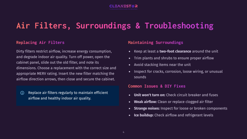 4 Air Filters Surroundings And Troubleshooting Infographic Slide With Text About Replacing Air Filters And Maintaining Surroundings. Includes Sections On &Quot;Replacing Air Filters&Quot; And &Quot;Maintaining Surroundings,&Quot; With Bullet Points And An Icon.