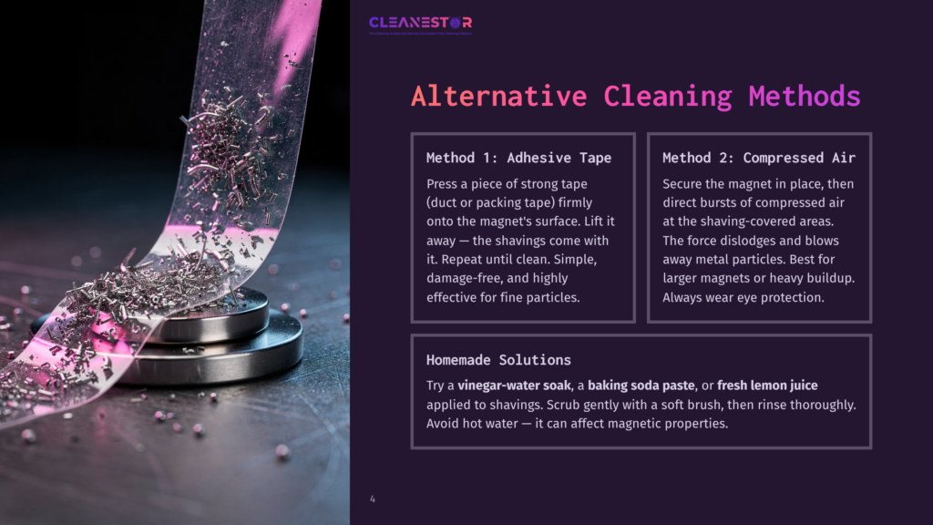 4 Alternative Cleaning Methods 1 A Graphic Illustration Showing Various Alternative Cleaning Methods, Including Adhesive Tape, Compressed Air, Vinegar-Water Soak, Baking Soda Paste, And Fresh Lemon Juice, Displayed Against A Dark Background With A Metallic Texture.