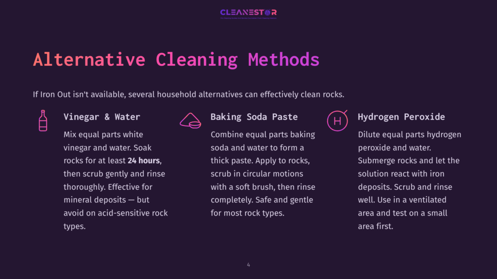 Alternative Cleaning Methods For Rocks: Vinegar &Amp; Water, Baking Soda Paste, And Hydrogen Peroxide Solutions Are Shown With Icons And Descriptions.
