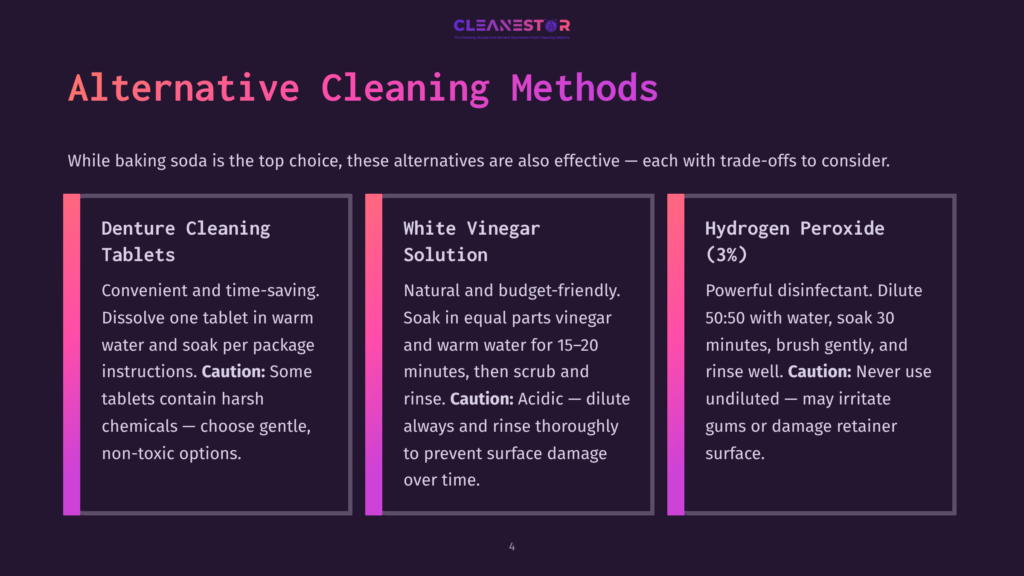 Three Columns Detailing Alternative Cleaning Methods: Denture Cleaning Tablets, White Vinegar Solution, And Hydrogen Peroxide. The Image Includes Text Describing Each Method'S Benefits And Cautions.