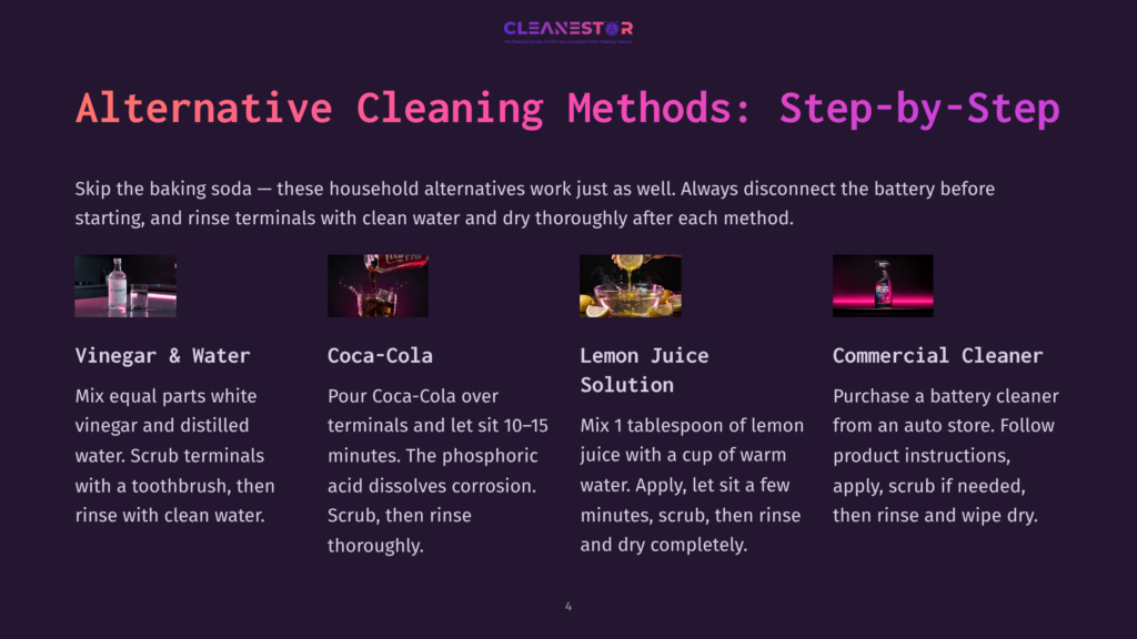 4 Alternative Cleaning Methods Step By Step Alternative Cleaning Methods: Step-By-Step Guide With Images Of Vinegar And Water, Coca-Cola, Lemon Juice, And Commercial Cleaner Solutions.