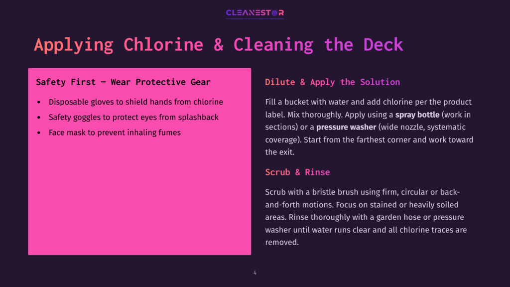 Applying Chlorine &Amp; Cleaning The Deck: Safety First - Wear Protective Gear. Disposable Gloves, Safety Goggles, And Face Mask Are Essential For Safe Chlorine Handling.