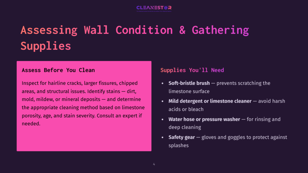 Slide Titled &Quot;Assessing Wall Condition &Amp; Gathering Supplies&Quot; With Text Detailing Inspection Of Hairline Cracks, Fissures, Chipped Areas, Mold, Mildew, And Mineral Deposits On Walls, And A List Of Necessary Cleaning Supplies Including Soft-Bristle Brushes, Mild Detergent Or Limestone Cleaner, Water Hose Or Pressure Washer, And Safety Gear.
