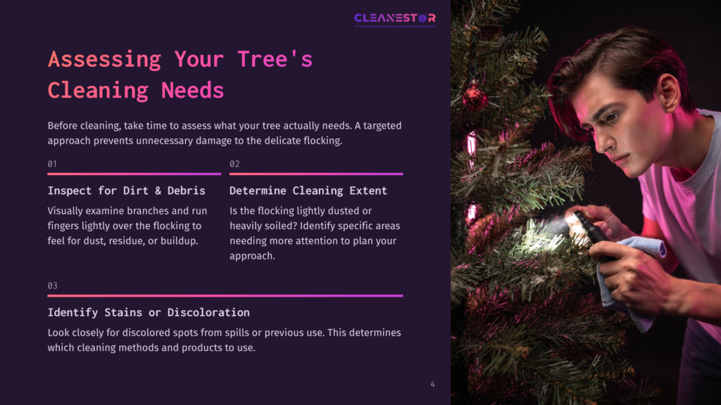 Man Carefully Inspects Flocked Christmas Tree Branches With A Flashlight And Cloth, Assessing Cleaning Needs. Text Overlay: &Quot;Assessing Your Tree'S Cleaning Needs&Quot;.