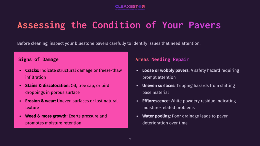 Presentation Slide Titled &Quot;Assessing The Condition Of Your Pavers,&Quot; Detailing Damage Types Like Cracks, Stains, Erosion, And Weed Growth, Alongside Areas Needing Repair Such As Loose Pavers And Uneven Surfaces.