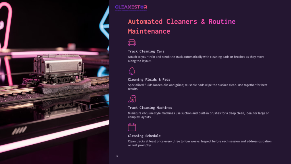 Close-Up Of A Miniature Train Car With A Brush Attachment On A Model Train Track, Illuminated By Vibrant Pink Neon Lights. Text Overlay Reads &Quot;Cleanestor Automated Cleaners &Amp; Routine Maintenance.