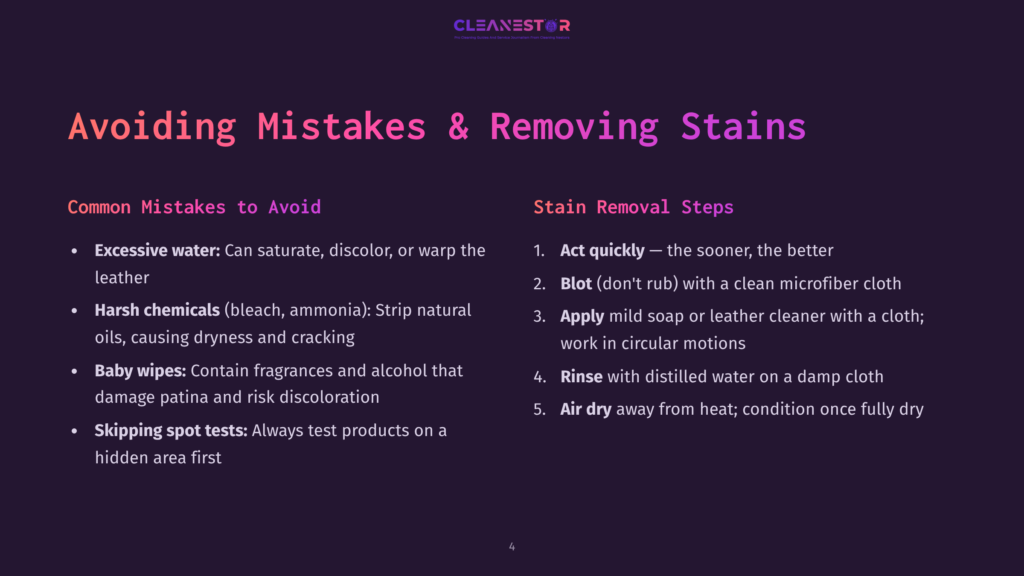 Presentation Slide Titled &Quot;Avoiding Mistakes &Amp; Removing Stains&Quot; Lists Common Mistakes Like Excessive Water, Harsh Chemicals, And Baby Wipes, And Stain Removal Steps Like Acting Quickly And Blotting With A Microfiber Cloth.