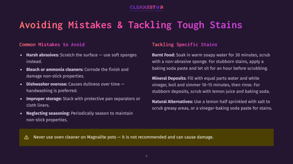 Presentation Slide Titled &Quot;Avoiding Mistakes &Amp; Tackling Tough Stains&Quot; With Tips On Cleaning Cookware, Including Avoiding Harsh Abrasives And Bleach, And Specific Advice For Burnt Food, Mineral Deposits, And Natural Alternatives.