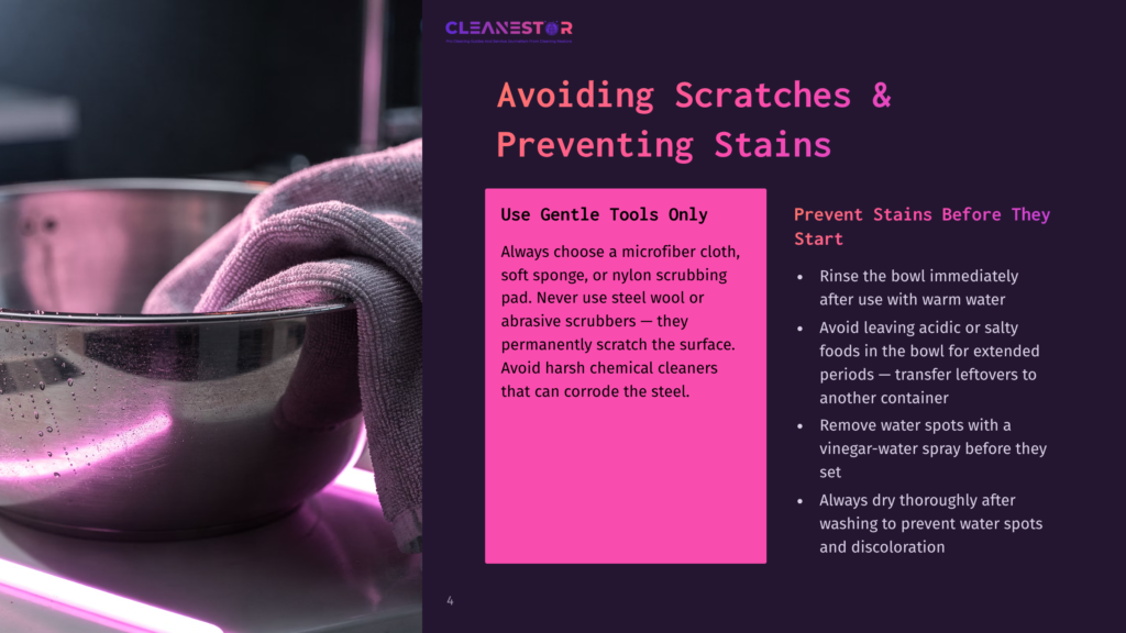 4 Avoiding Scratches And Preventing Stains A Microfiber Cloth Is Used To Dry A Shiny Stainless Steel Bowl, Preventing Scratches And Water Spots. Text Overlay: &Quot;Avoiding Scratches &Amp; Preventing Stains&Quot;.