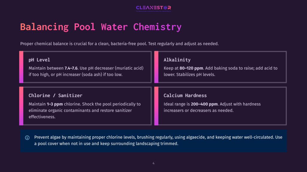 A Dark Purple Graphic With The Title &Quot;Balancing Pool Water Chemistry&Quot; And Four Boxes Detailing Ph, Alkalinity, Chlorine, And Calcium Hardness Levels For Clean, Bacteria-Free Pools.
