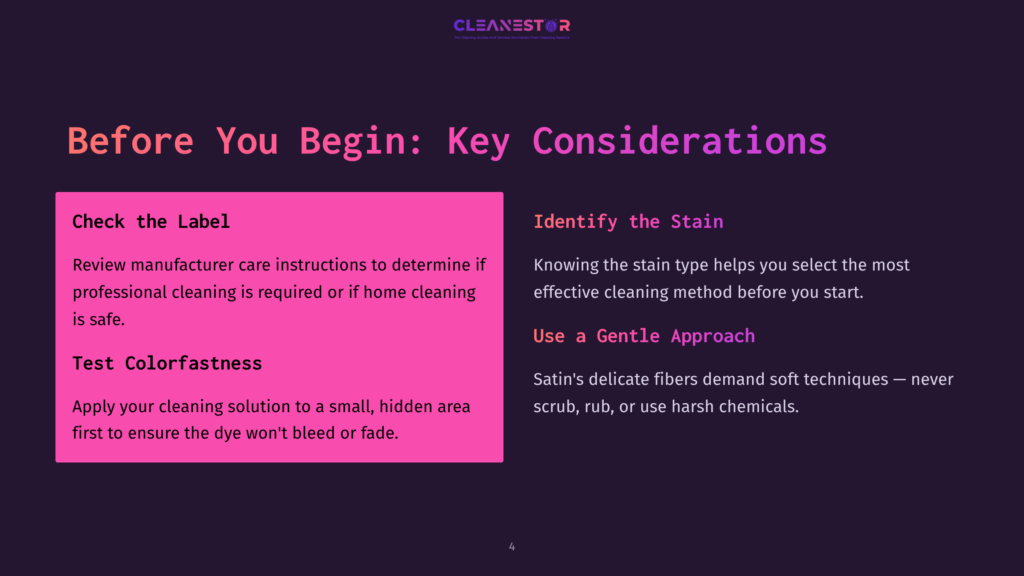 A Dark Purple Background With The Text &Quot;Cleanestor&Quot; At The Top. The Main Content Features Two Columns With &Quot;Before You Begin: Key Considerations&Quot; In Large White Text. The Left Column, &Quot;Check The Label,&Quot; Advises Reading Manufacturer Instructions. The Right Column, &Quot;Identify The Stain,&Quot; Discusses Stain Types And Gentle Cleaning Methods, With &Quot;Use A Gentle Approach&Quot; Highlighted.