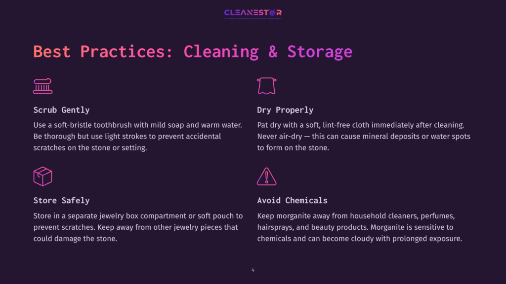 A Dark Purple Slide With The Title &Quot;Best Practices: Cleaning &Amp; Storage&Quot; For Gemstones. It Shows Icons For Scrubbing Gently, Drying Properly, Storing Safely, And Avoiding Chemicals, With Accompanying Text Instructions.