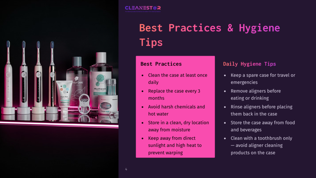 4 Best Practices And Hygiene Tips A Collection Of Electric Toothbrushes, Toothpaste, And Mouthwash Are Displayed On A Shelf, With A Prominent &Quot;Cleanestor&Quot; Logo And Text About &Quot;Best Practices &Amp; Hygiene Tips&Quot; On A Nearby Screen.