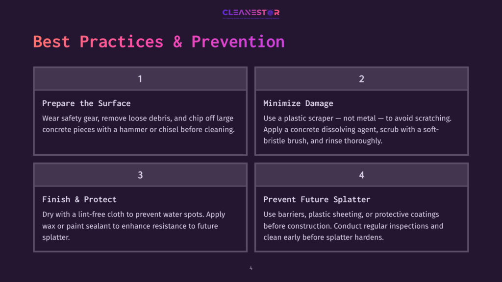 Four Panel Infographic Detailing Best Practices For Concrete Surface Preparation And Prevention. Panels Cover Preparing The Surface, Minimizing Damage, Finishing And Protecting, And Preventing Future Splatter.