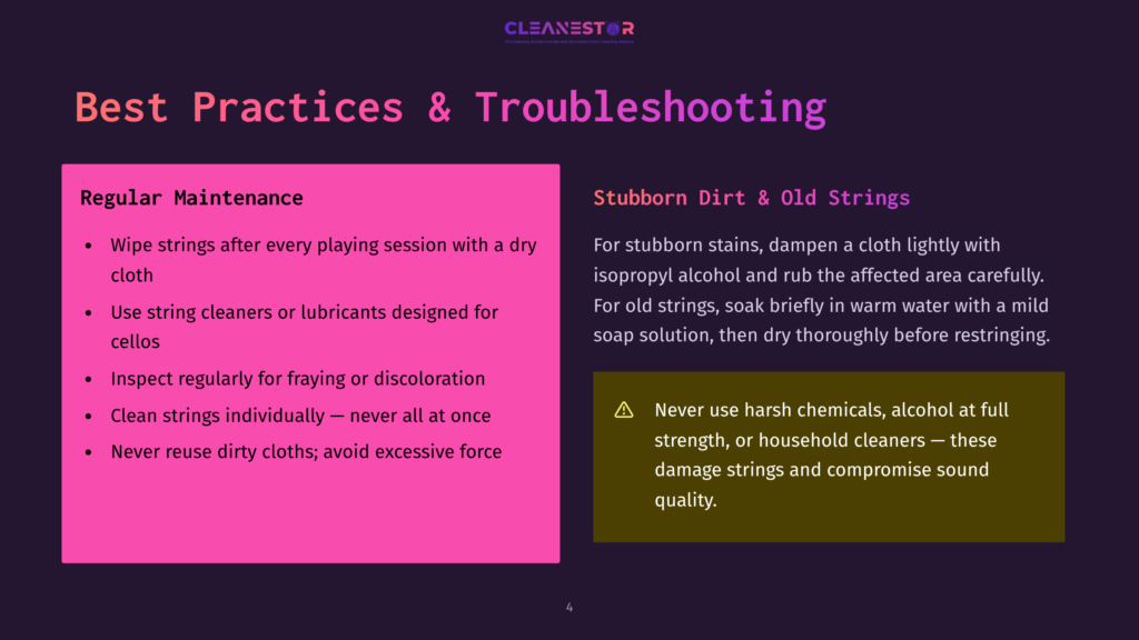 4 Best Practices And Troubleshooting 1 Cleanestor Slide On Best Practices For Musical Instrument Maintenance, Covering Regular String Care And Stubborn Dirt Removal With Cleaning Tips.