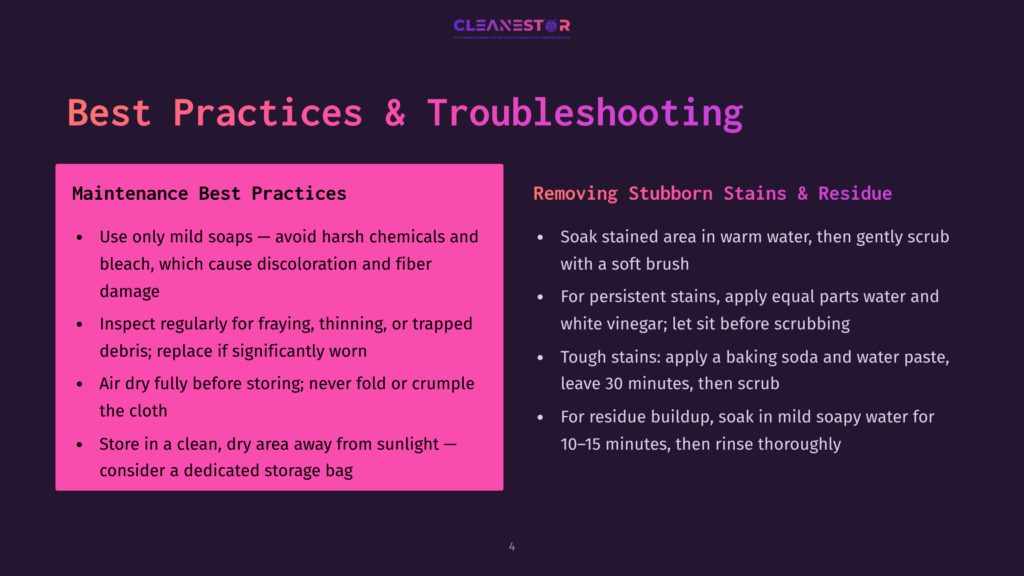 4 Best Practices And Troubleshooting Slide With Text On &Quot;Maintenance Best Practices&Quot; And &Quot;Removing Stubborn Stains &Amp; Residue&Quot; For Cleaning Products.