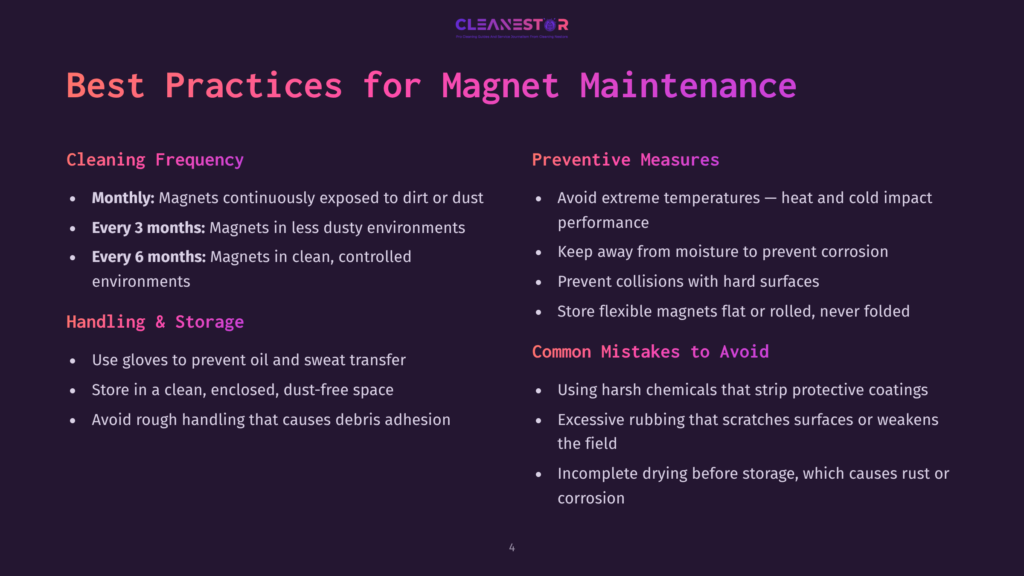 Slide Titled &Quot;Best Practices For Magnet Maintenance&Quot; With Sections On &Quot;Cleaning Frequency,&Quot; &Quot;Handling &Amp; Storage,&Quot; &Quot;Preventive Measures,&Quot; And &Quot;Common Mistakes To Avoid.