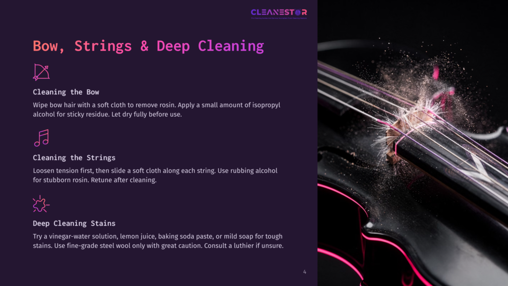 4 Bow Strings And Deep Cleaning Close-Up Of A Violin Bridge And Strings With Rosin Dust Scattered Around, On A Dark, Glossy Violin. The Words &Quot;Cleanestor&Quot; And &Quot;Bow, Strings &Amp; Deep Cleaning&Quot; Are Visible.