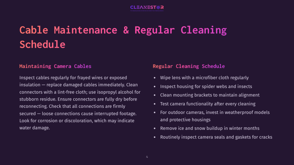 Cleanestor Logo With &Quot;Cable Maintenance &Amp; Regular Cleaning Schedule&Quot; Title, Detailing Camera Cable Care And Cleaning Tips For Outdoor Cameras.