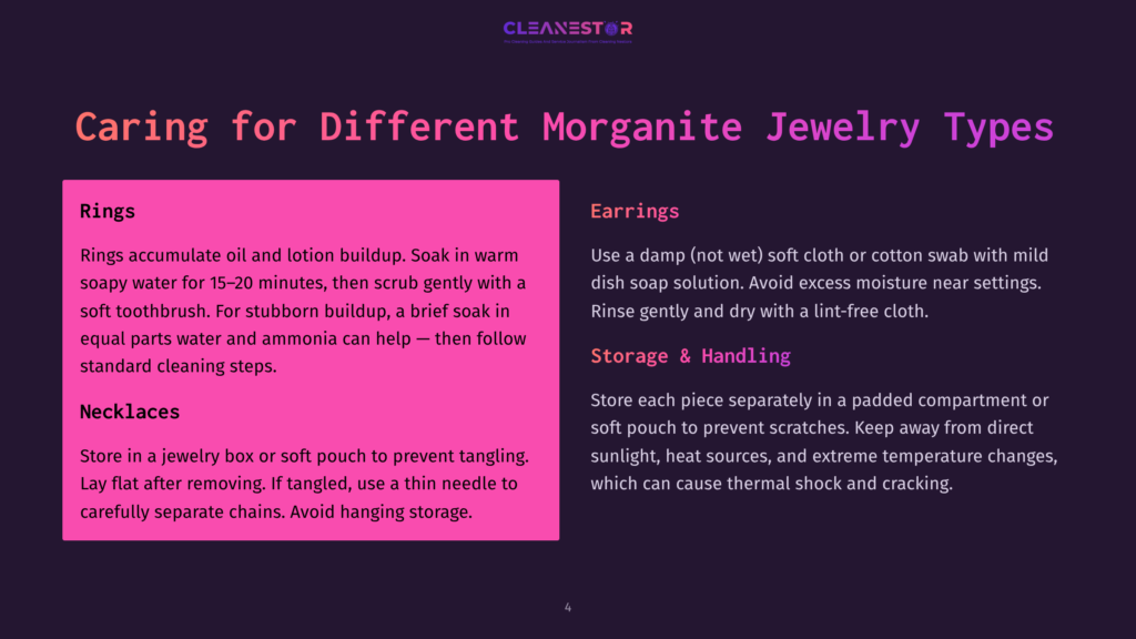 Cleanestor Logo At The Top Of A Dark Purple Slide With Text About Caring For Morganite Jewelry Types, Including Rings And Necklaces On The Left, And Earrings And Storage &Amp; Handling On The Right.