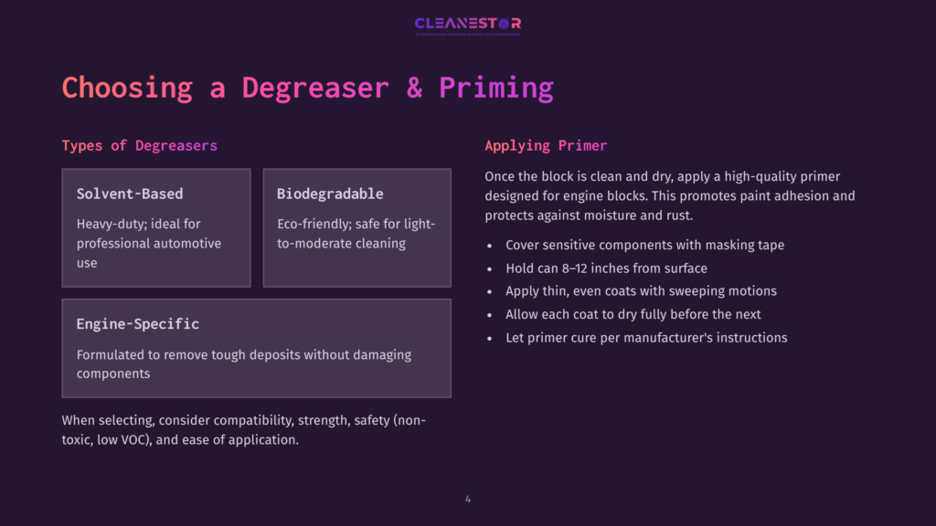 Choosing A Degreaser And Priming Guide: Solvent-Based, Biodegradable, And Engine-Specific Degreasers Are Detailed, Along With Instructions For Applying Primer.