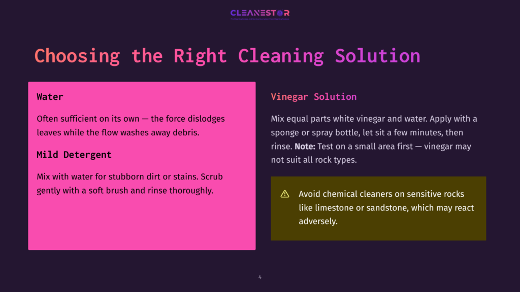 Slide Titled &Quot;Choosing The Right Cleaning Solution&Quot; With Sections On &Quot;Water&Quot; And &Quot;Mild Detergent&Quot; On A Pink Background, And &Quot;Vinegar Solution&Quot; On A Dark Background With A Yellow Warning Box. The Image Provides Cleaning Advice.