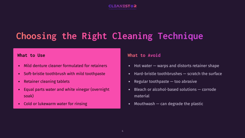 4 Choosing The Right Cleaning Technique Image With Text &Quot;Cleanestor&Quot; And &Quot;Choosing The Right Cleaning Technique.&Quot; Two Columns List &Quot;What To Use&Quot; And &Quot;What To Avoid&Quot; For Cleaning Dentures And Retainers.