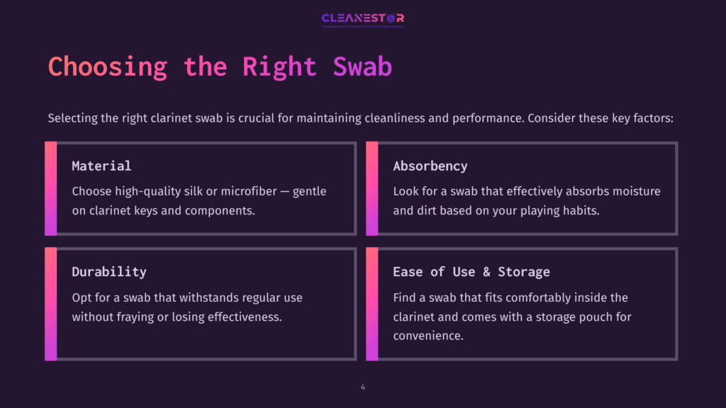 Infographic Titled &Quot;Choosing The Right Swab&Quot; With Four Sections: Material, Absorbency, Durability, And Ease Of Use &Amp; Storage, Offering Advice For Clarinet Swabs.