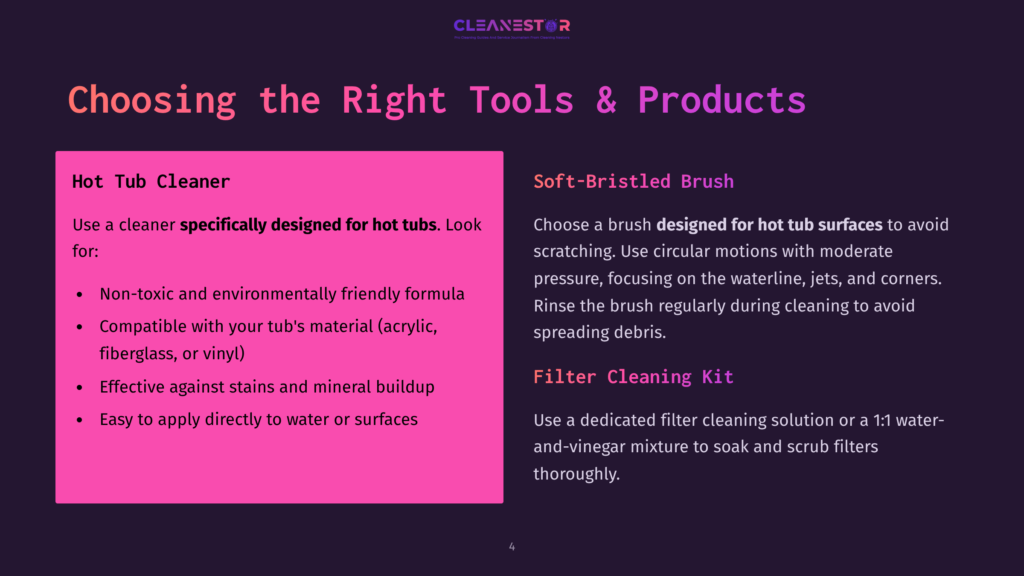 4 Choosing The Right Tools And Products A Slide From Cleanestor Titled &Quot;Choosing The Right Tools &Amp; Products&Quot; Highlights Hot Tub Cleaner And Soft-Bristled Brush. The Hot Tub Cleaner Section, In A Pink Box, Lists Features Like Being Non-Toxic And Environmentally Friendly. The Brush Section Emphasizes Its Design For Hot Tub Surfaces.