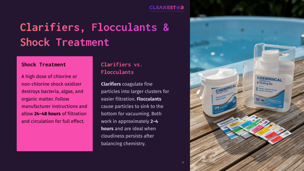 A Pool Chemical Testing Kit And A Bottle Of Pool Clarifier Sit On A Wooden Deck Next To A Hot Tub. The Testing Kit Includes Test Strips And A Bottle Labeled &Quot;Chemical Testing Kit.