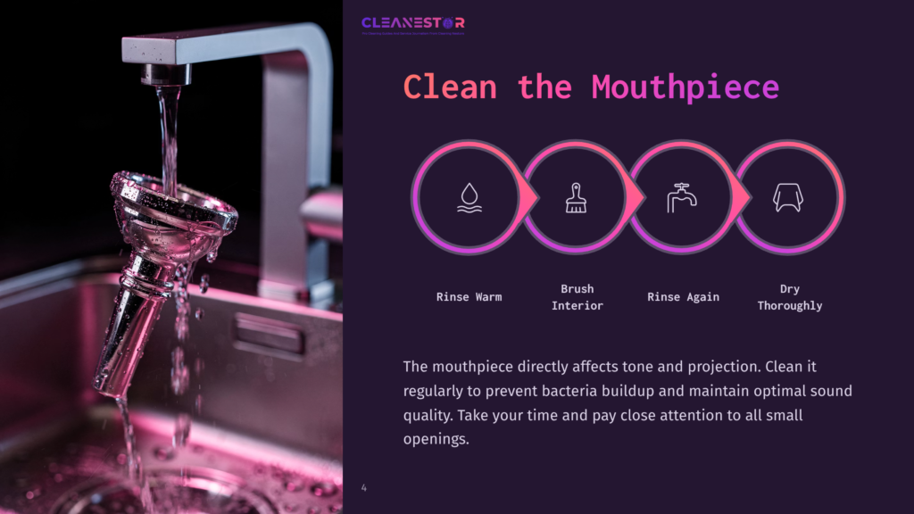 4 Clean The Mouthpiece A Brass Instrument Mouthpiece Is Rinsed Under A Stream Of Pink-Tinted Water. Text Overlays &Quot;Cleanestor&Quot; And &Quot;Clean The Mouthpiece&Quot; With A Four-Step Cleaning Process Diagram.