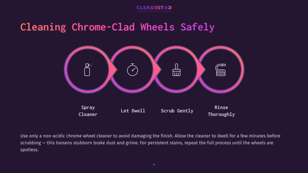 Infographic Illustrating A Four-Step Process For Cleaning Chrome-Clad Wheels: Spray Cleaner, Let Dwell, Scrub Gently, And Rinse Thoroughly, With Icons Representing Each Step.