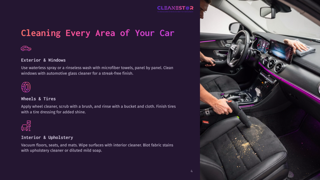 4 Cleaning Every Area Of Your Car A Person Vacuuming Car Seats, Highlighting The Importance Of Cleaning Every Area Of Your Car. The Dashboard And Steering Wheel Are Visible In The Background.