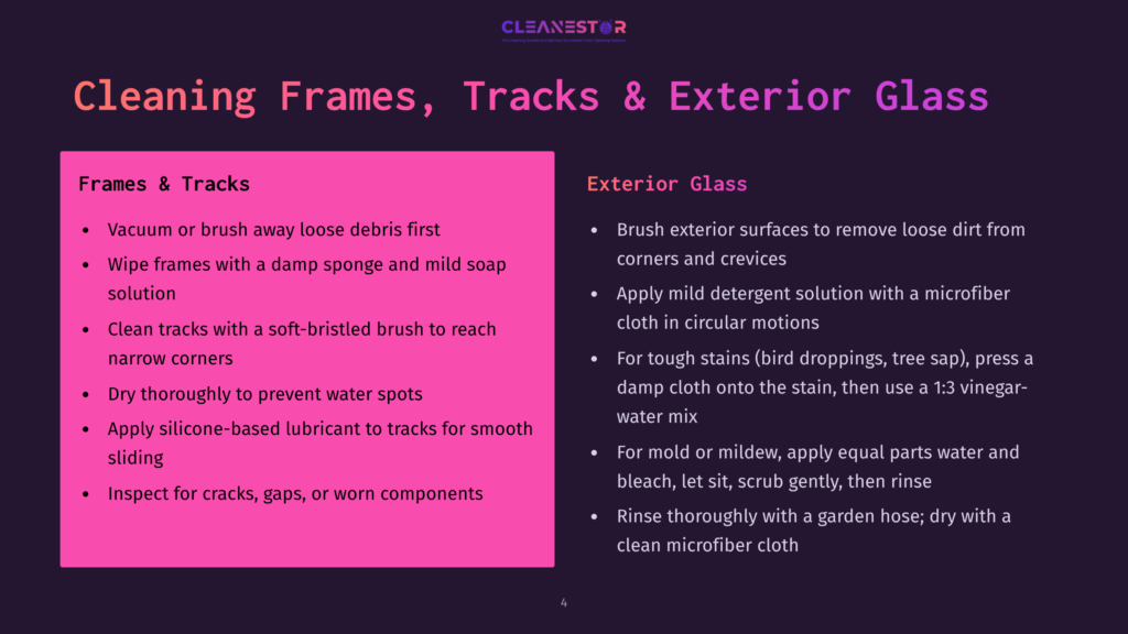 Infographic Detailing Cleaning Frames, Tracks, And Exterior Glass. Includes Steps For Vacuuming, Wiping, And Applying Lubricant For Tracks And Cleaning Exterior Glass With Detergent And Vinegar Solutions.
