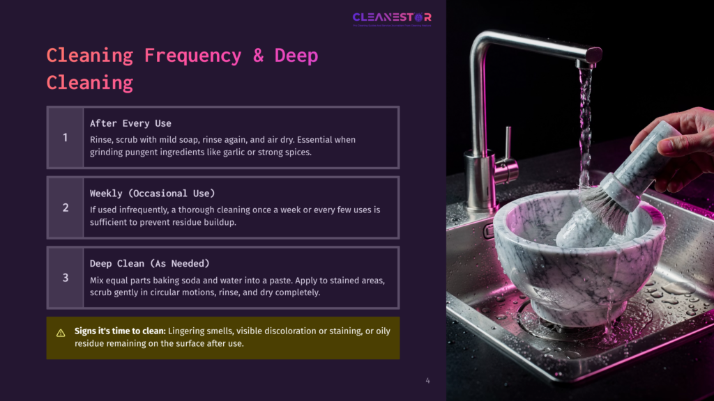 A Hand Holding A Marble Brush Cleans A Marble Bowl In A Sink, With Water Pouring From A Faucet. The Sink Is Surrounded By Text On A Purple Background, Detailing Cleaning Frequency And Deep Cleaning Steps.