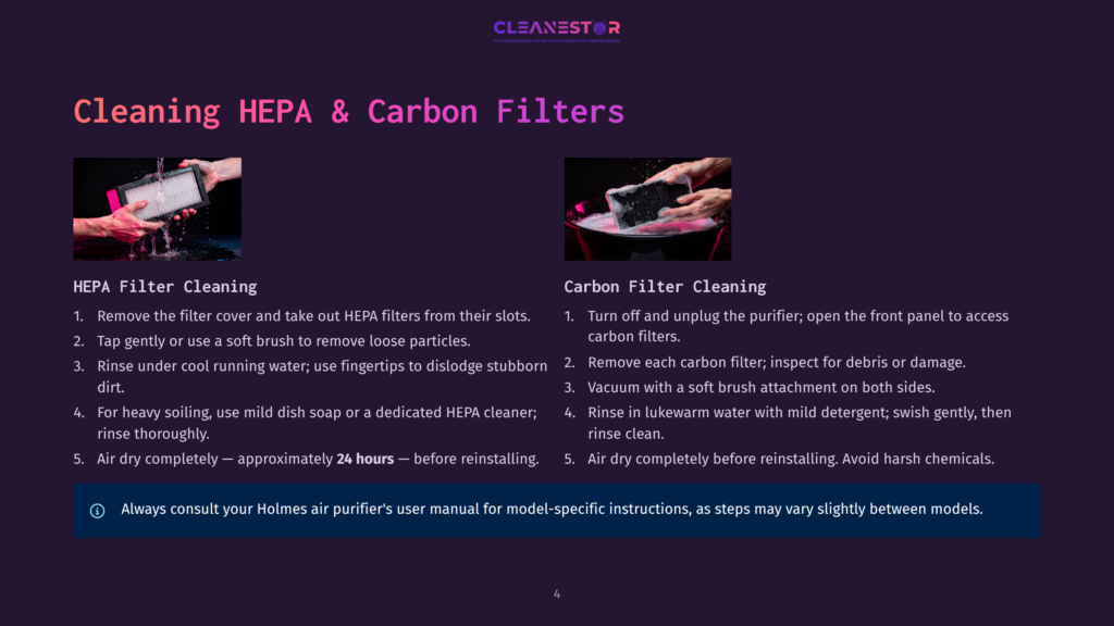 4 Cleaning Hepa And Carbon Filters Hepa Filter Cleaning: Hands Rinsing A Dirty Hepa Filter Under Running Water, Removing Dust And Particles. Carbon Filter Cleaning: A Person Unplugging A Carbon Filter From An Air Purifier.