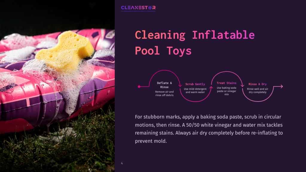 Close-Up Of A Pink And Purple Inflatable Pool Toy Being Cleaned With A Yellow Sponge And Suds On Green Grass.