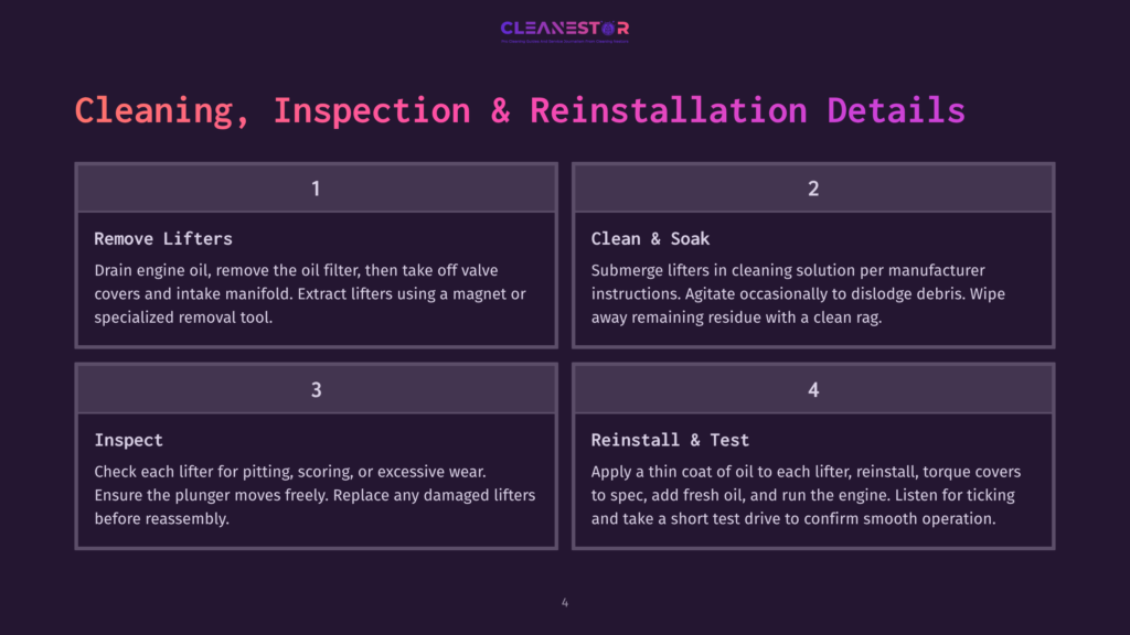 Infographic Detailing The Four Steps For Cleaning, Inspection, And Reinstallation Of Liftters: 1. Remove Lifters, 2. Clean &Amp; Soak, 3. Inspect, 4. Reinstall &Amp; Test.