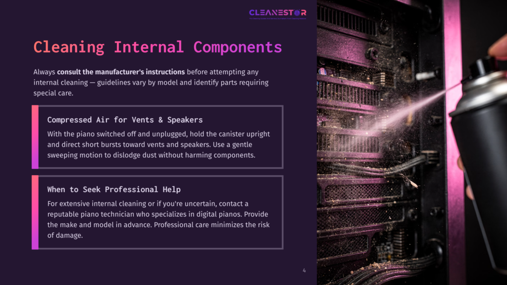 A Hand Sprays Compressed Air Into A Dusty Computer Tower, Cleaning Internal Components. Text On The Left Discusses Cleaning Internal Components, Compressed Air For Vents, And Seeking Professional Help For Piano Cleaning.