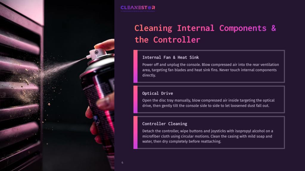 A Can Of Compressed Air Sprays A White Mist Onto The Internal Components Of A Dark Object, Likely A Gaming Console, As Part Of A Cleaning Process.
