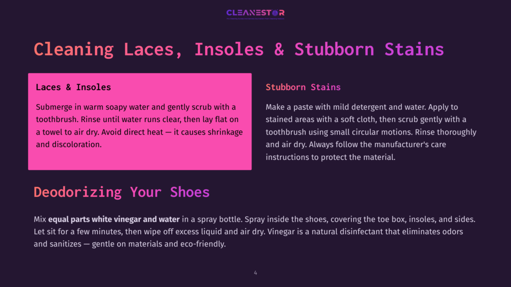 Infographic With Text: &Quot;Cleaning Laces, Insoles &Amp; Stubborn Stains&Quot; And &Quot;Deodorizing Your Shoes&Quot; With Instructions For Cleaning And Deodorizing Shoes.