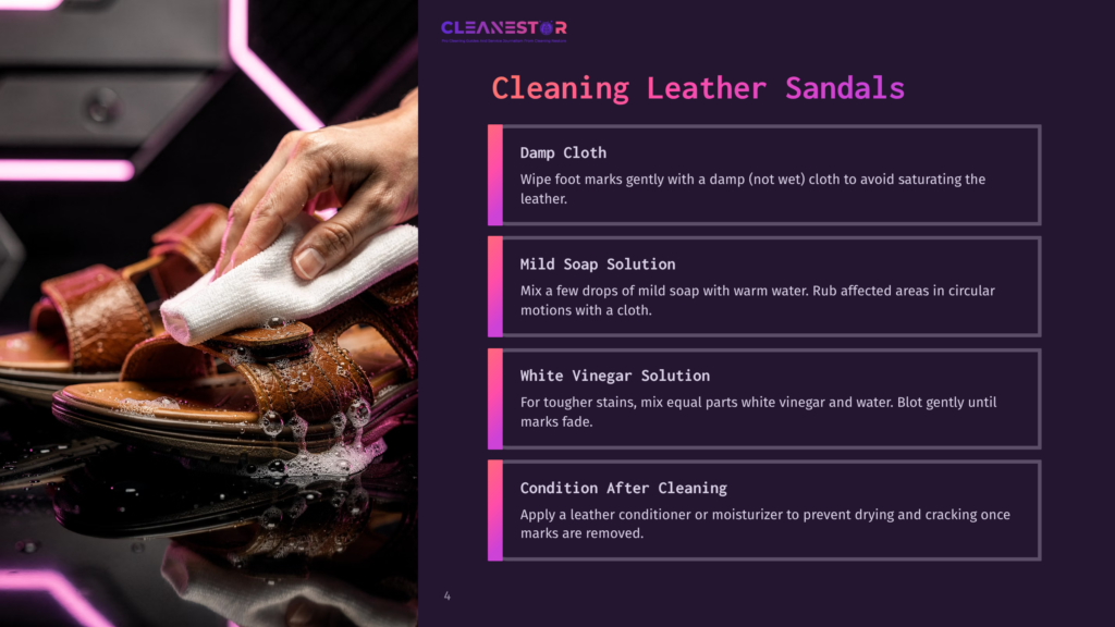 A Hand Gently Wipes A Brown Leather Sandal With A White Cloth, Demonstrating How To Clean Leather Sandals. The Scene Includes A Dark, Reflective Surface And Pink And Purple Lighting.