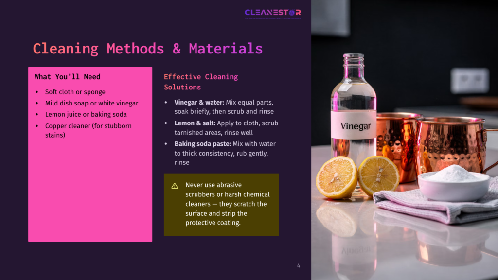 4 Cleaning Methods And Materials A Bottle Of White Vinegar Sits Next To Two Lemons And A Bowl Of White Powder, With Copper Mugs In The Background. Text On The Left Lists Cleaning Methods And Materials: Soft Cloth, Mild Dish Soap, Lemon Juice, Baking Soda, And Copper Cleaner.