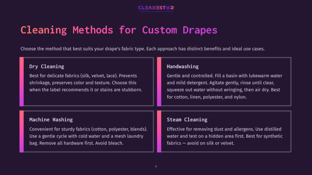 Infographic Detailing Custom Drape Cleaning Methods: Dry Cleaning, Handwashing, Machine Washing, And Steam Cleaning, With Descriptions For Each.