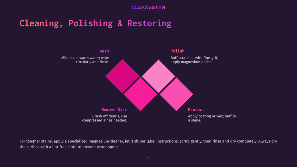 4 Cleaning Polishing And Restoring Cleanestor Logo And Text: &Quot;Cleaning, Polishing &Amp; Restoring.&Quot; Four Diamond Shapes In Shades Of Pink And Magenta Illustrate Steps: Wash, Polish, Remove Dirt, Protect.