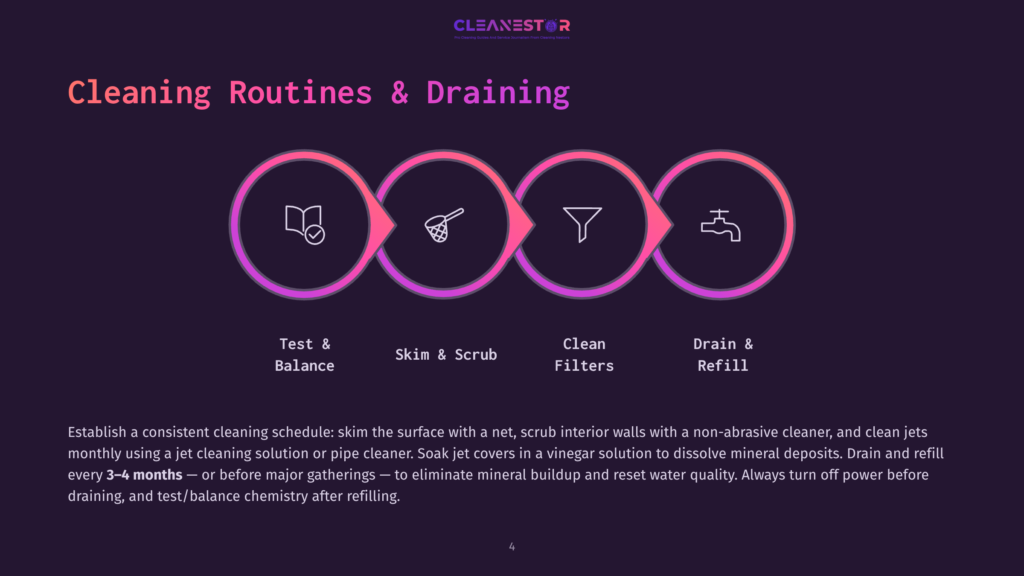 Infographic Illustrating A Four-Step Cleaning Routine For A Spa Or Hot Tub: Test &Amp; Balance, Skim &Amp; Scrub, Clean Filters, And Drain &Amp; Refill, With Icons Representing Each Step.