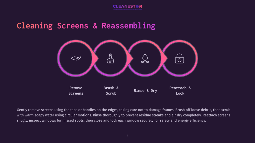 Infographic Illustrating The Four Steps Of Cleaning And Reassembling Screens: Remove Screens, Brush &Amp; Scrub, Rinse &Amp; Dry, And Reattach &Amp; Lock. The Text &Quot;Cleanestor&Quot; Is At The Top.