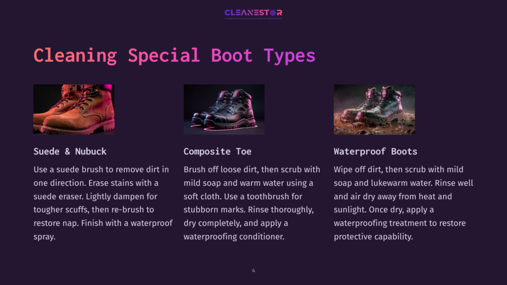 Three Types Of Boots: Suede &Amp; Nubuck Boots, Composite Toe Boots, And Waterproof Boots, Displayed With Cleaning Instructions.